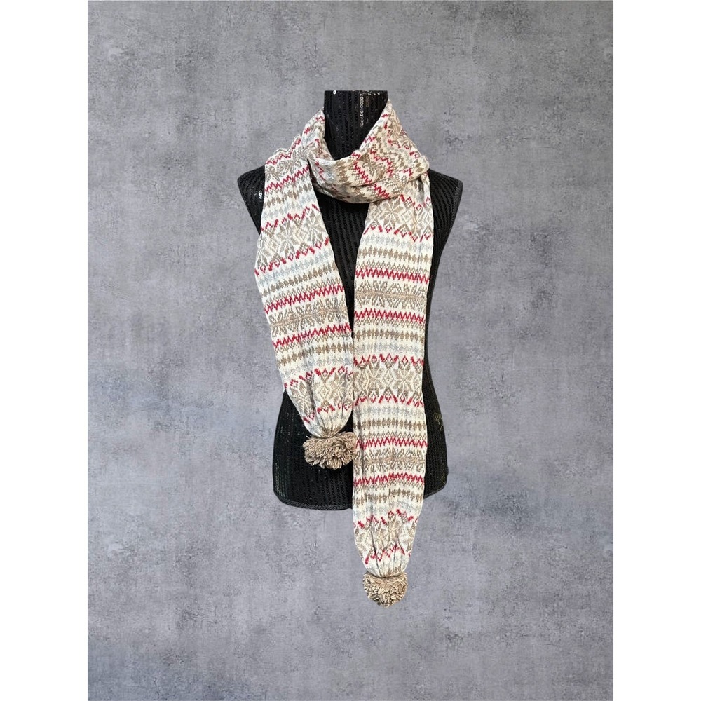 Aeropostale Scarf Cream Red Fair Isle Knit Cotton/Rabbit Hair Pom Pom Exc